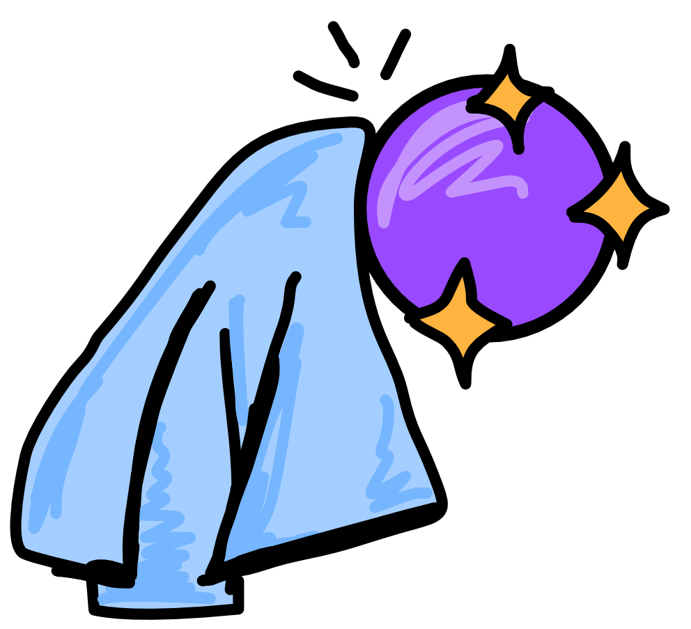 there is a blue rag being rubbed against a purple ball. The purple ball has a highlight on the side the towel is touching and there are 3 sparkles around it. 3 emphasis lines sit just above where the ball and rag touch